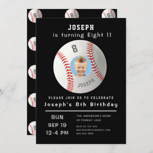 Eighth Birthday Black Custom Photo Baseball Invitation