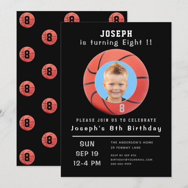 Eighth Birthday Black Custom Photo Basketball Invitation (Front/Back)