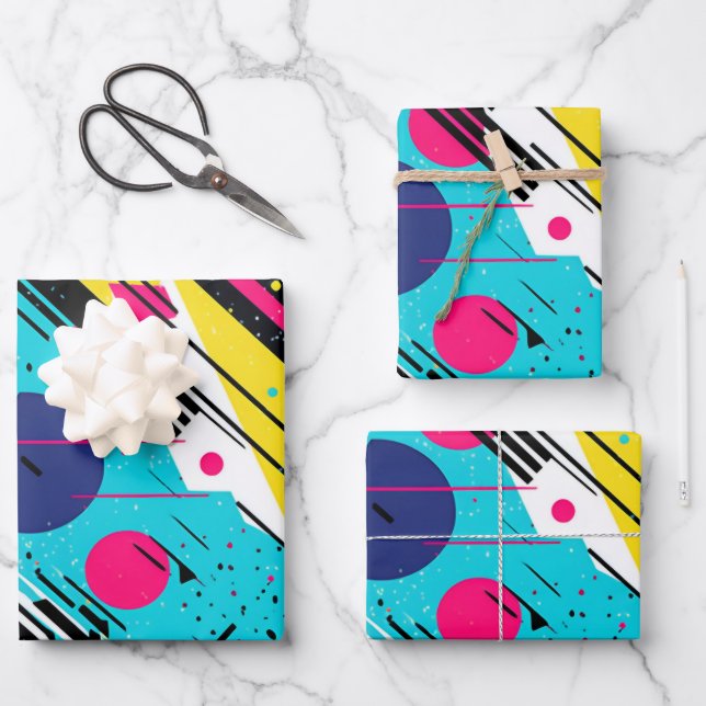 Eighties 80's Retro Geometric Pattern Wrapping Paper Sheets (Front)