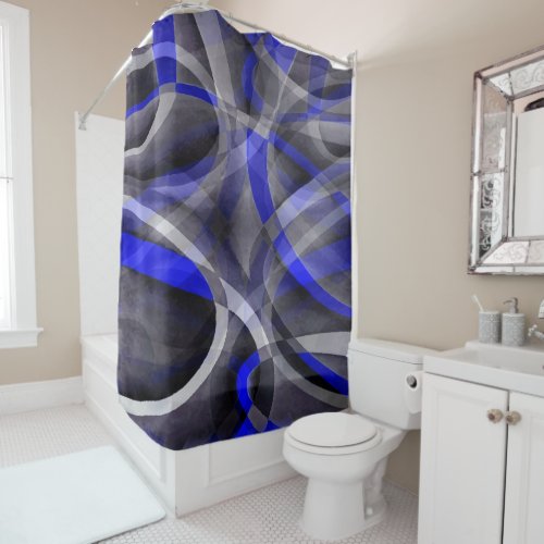 Eighties Groovy Royal Blue and Grey Arched Line Pa Shower Curtain