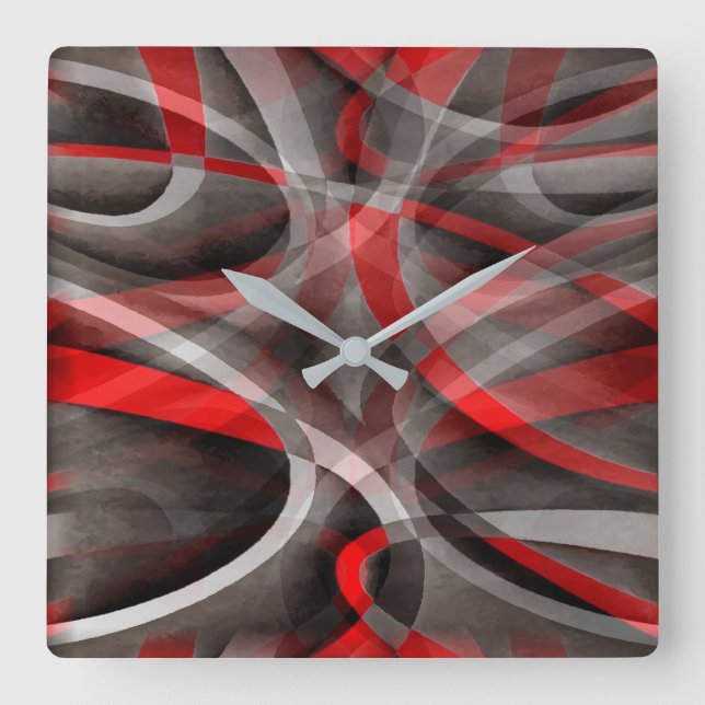 Eighties Red White and Grey Layered Curves Square Wall Clock (Front)