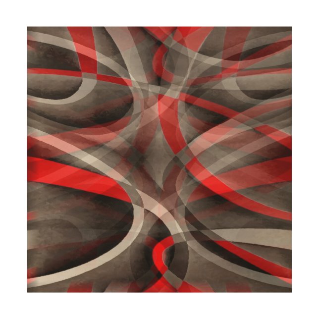 Eighties Red White and Grey Layered Curves Wood Wall Art (Front)