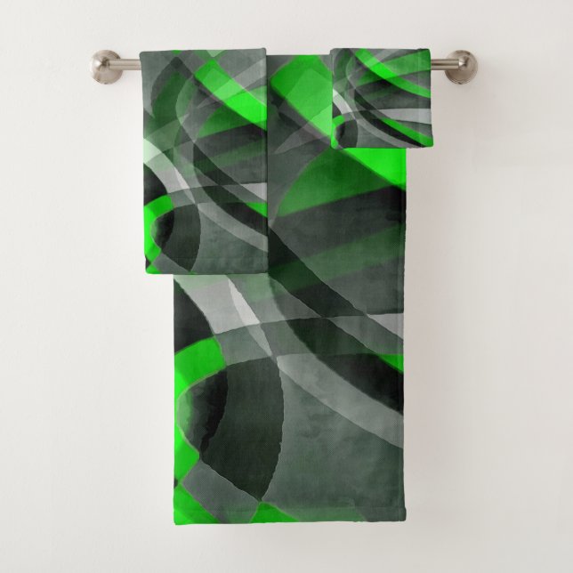 Eighties Retro Neon Green and Grey Curved Line Pat Bath Towel Set (Insitu)