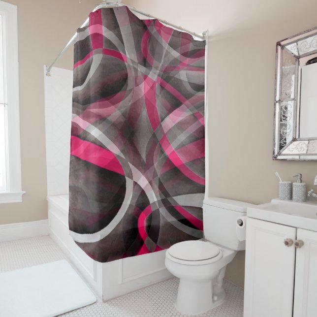 Eighties Rose Pink and Grey Funky Pattern Shower Curtain (In Situ)