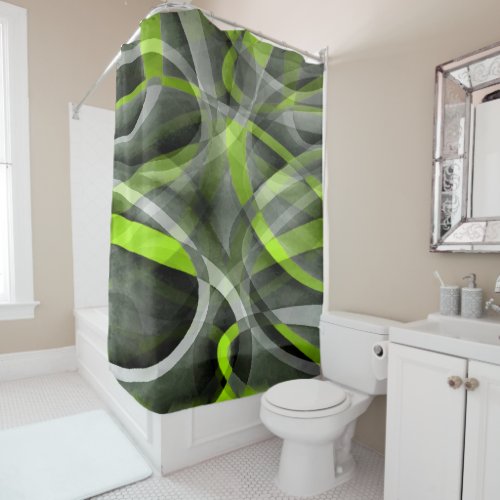 Eighties Styled Grey and Lemon Curve Pattern Shower Curtain