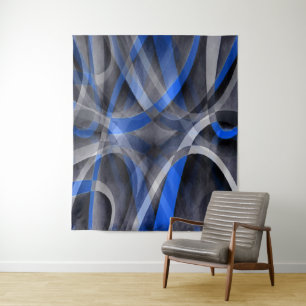 Eighties Themed Cool Blue Curved Line Pattern Tapestry