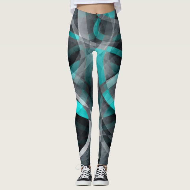 Eighties Turquoise and Grey Arched Line Pattern Leggings (Front)