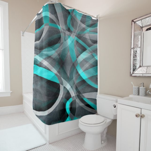 Eighties Turquoise and Grey Arched Line Pattern Shower Curtain (In Situ)