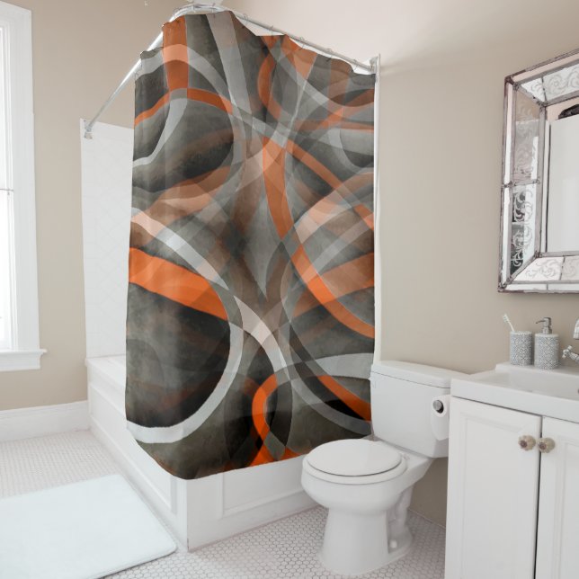 Eighties Vibes Burned Orange and Grey Layered Curv Shower Curtain (In Situ)