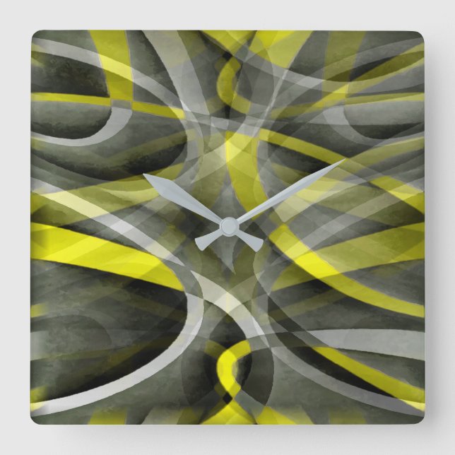 Eighties Vibes Daffodil Yellow and Grey Layered Cu Square Wall Clock (Front)