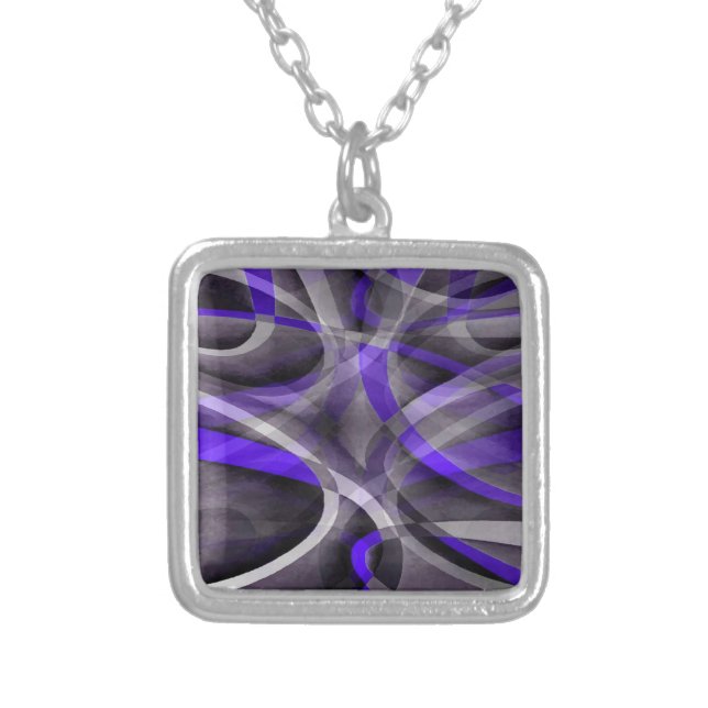 Eighties Vibes Violet Blue and Grey Funky Pattern. Silver Plated Necklace (Front)