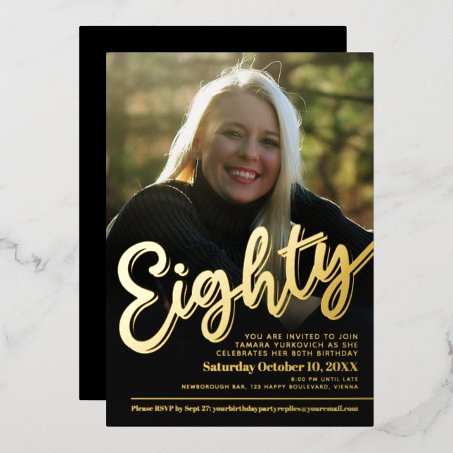 Eighty 80th Birthday custom photo script gold Foil Invitation (Front/Back)