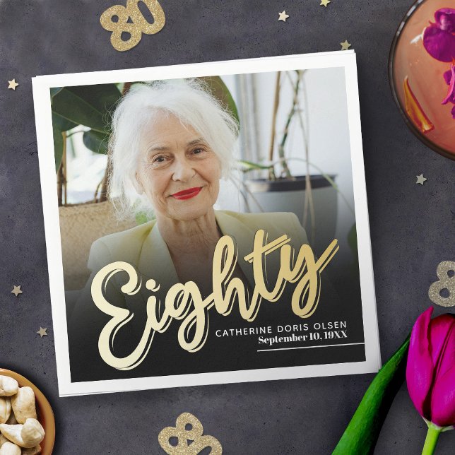 Eighty 80th Birthday custom photo script gold Napkins (Creator Uploaded)