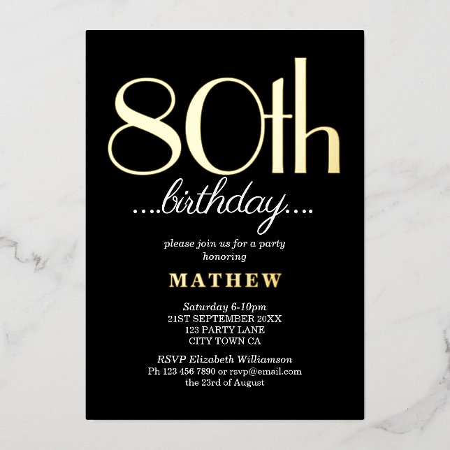 Eighty 80th Birthday Party Black Gold Foil Invitation (Front)