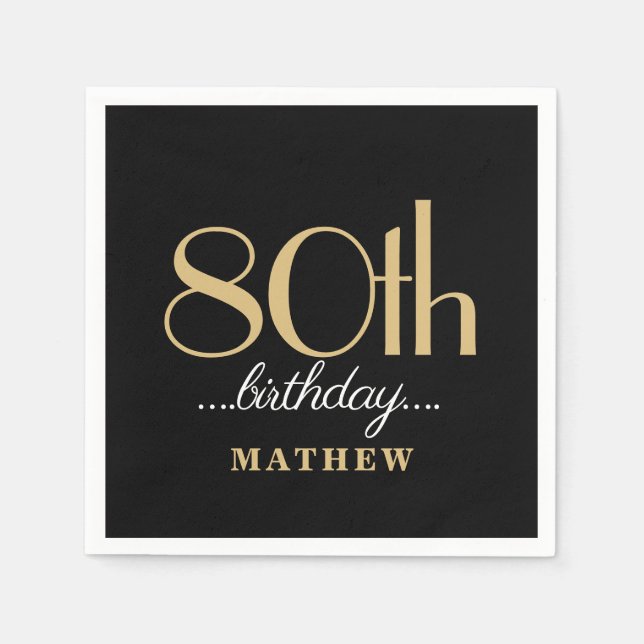Eighty 80th Birthday Party Black Gold Napkins (Front)