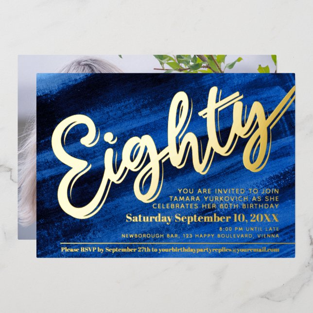Eighty 80th Birthday party blue art gold script Foil Invitation (Front/Back)