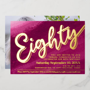 Eighty 80th Birthday party gold red pink wash Foil Invitation
