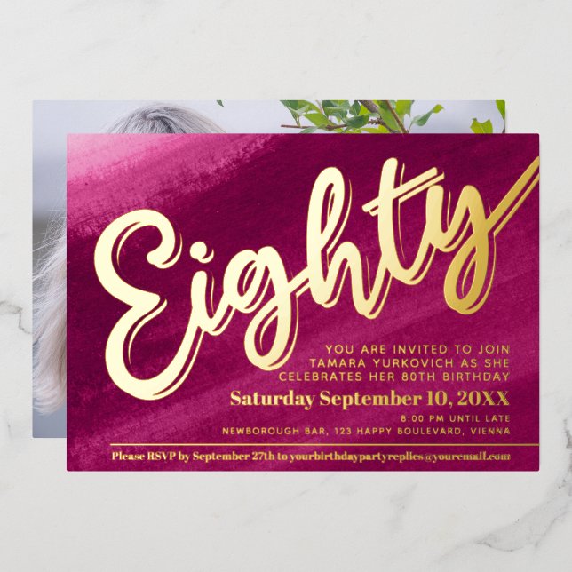 Eighty 80th Birthday party gold red pink wash Foil Invitation (Front/Back)