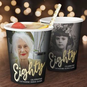 Eighty 80th Birthday photo script black gold color Paper Cups