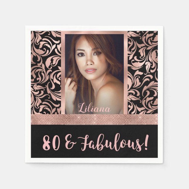 Eighty and Fabulous rose gold 80th Birthday Napkins (Front)