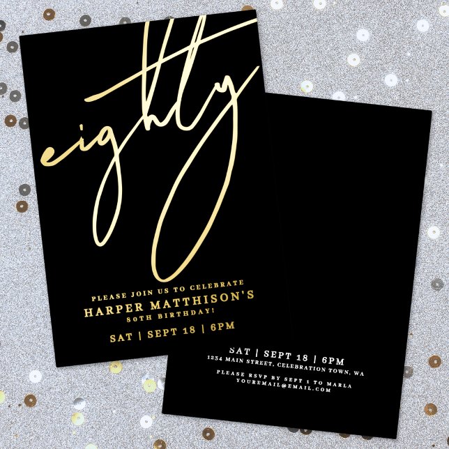 Eighty Black 80th Birthday Gold Foil Invitation (Elegant Black Eighty 80th Birthday Gold Foil Invitation)