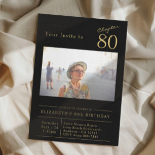 Eighty Black Gold 80th Birthday Party Photo Invitation