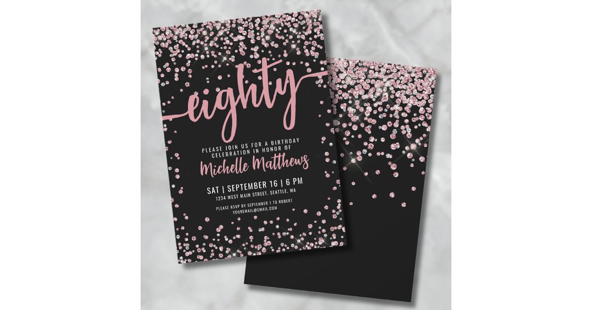 Eighty Black Rose Gold Glitter 80th Birthday Invitation | Zazzle