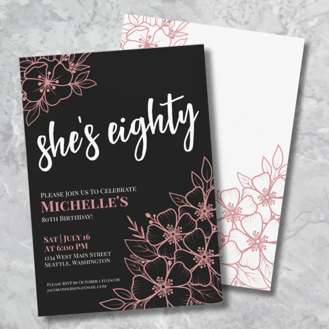 Eighty Black Rose Gold Pink 80th Birthday Party Invitation Zazzle