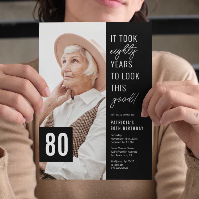 Eighty Black & White 80th Birthday Party Photo Invitation Zazzle
