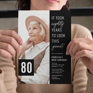 Eighty Black & White 80th Birthday Party Photo Invitation