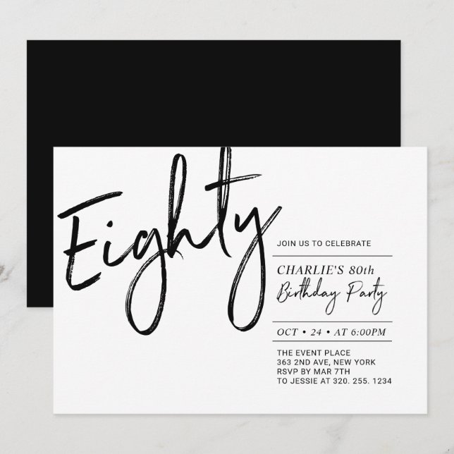 Eighty | Black & White Modern 80th Birthday Party Invitation (Front/Back)