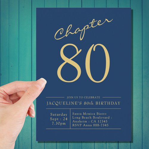 Eighty Blue Gold 80th Birthday Party Invitation