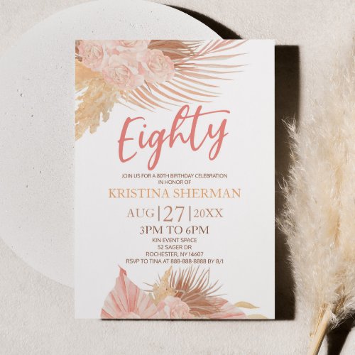 Eighty Boho Pink Floral 80th Birthday Party Invitation