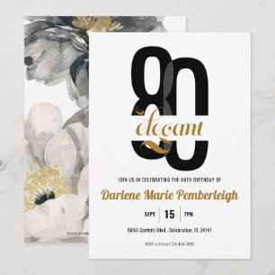 Eighty & Elegant Black Gold Floral 80th Birthday Invitation