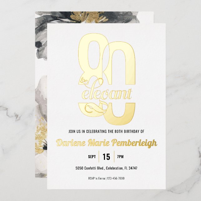 Eighty & Elegant Floral 80th Birthday Gold Foil Invitation (Front/Back)