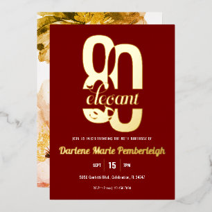 Eighty & Elegant Peony 80th Birthday Ruby Red Gold Foil Invitation