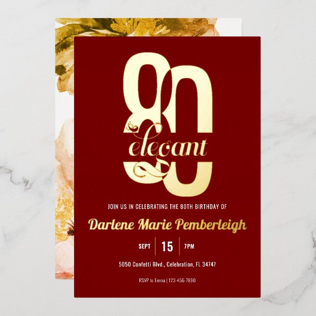 Eighty & Elegant Peony 80th Birthday Ruby Red Gold Foil Invitation (Front/Back)