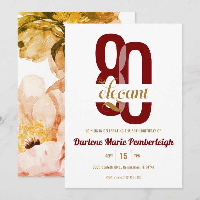 Eighty & Elegant Red Gold Floral 80th Birthday Invitation (Front/Back)