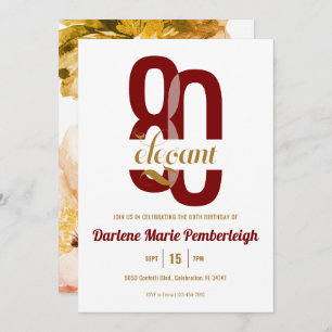 Eighty & Elegant Red Gold Floral 80th Birthday Invitation