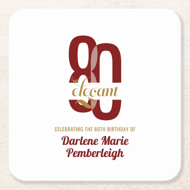 Eighty & Elegant Ruby Red Gold 80th Birthday Party Square Paper Coaster (Front)