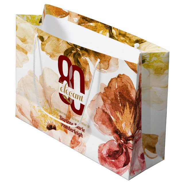 Eighty & Elegant Ruby Red Gold Glam 80th Birthday Large Gift Bag (Front Angled)