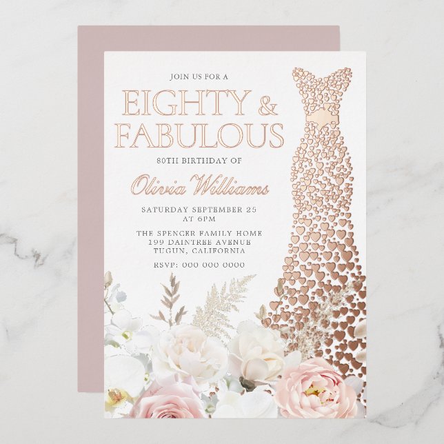 Eighty & Fabulous 80th Birthday Party Rose Gold Foil Invitation (Front/Back)