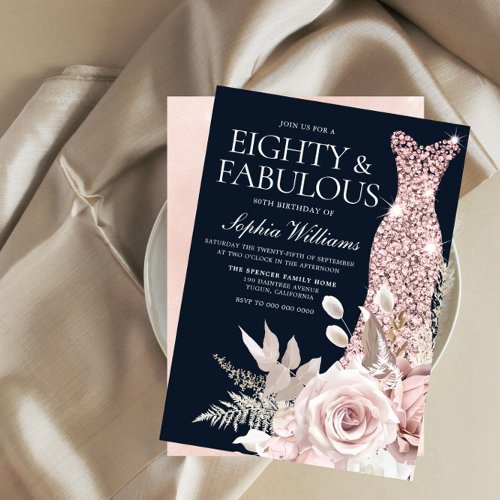 Eighty  Fabulous Dusty Rose Floral 80th Birthday Invitation