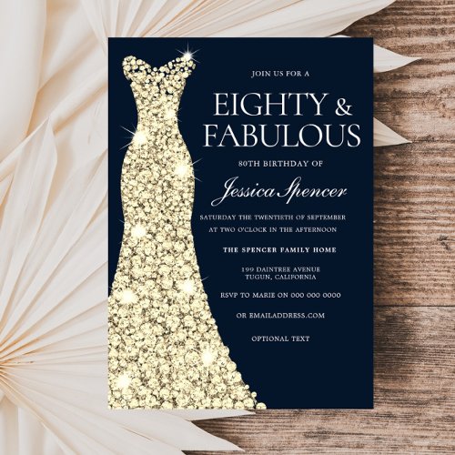 Eighty  Fabulous Gold Dress Gown 80th Birthday Invitation