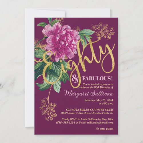 Eighty  Fabulous Pink Peony Birthday Invitation