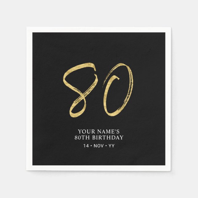 Eighty | Gold & Black Lettering 80th Birthday Napkins (Front)