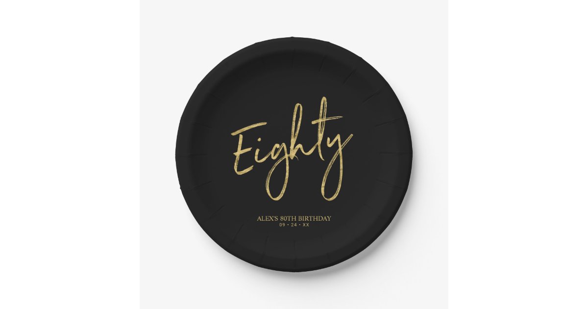 Eighty Gold & Black Lettering 80th Birthday Party Paper Plates | Zazzle