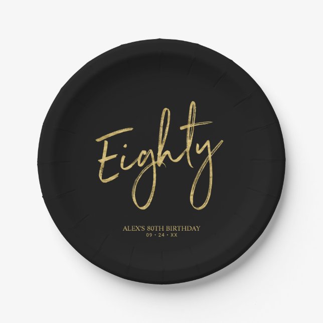 Eighty Gold & Black Lettering 80th Birthday Party Paper Plates (Front)