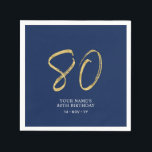 Eighty | Gold & Navy Blue Lettering 80th Birthday Napkins<br><div class="desc">This simple custom napkin will add stylish details to your 80th birthday party. This design features gold chic lettering "80" with custom text on a navy blue background. Matching invitations and party supplies are available in my shop BaraBomDesign.</div>