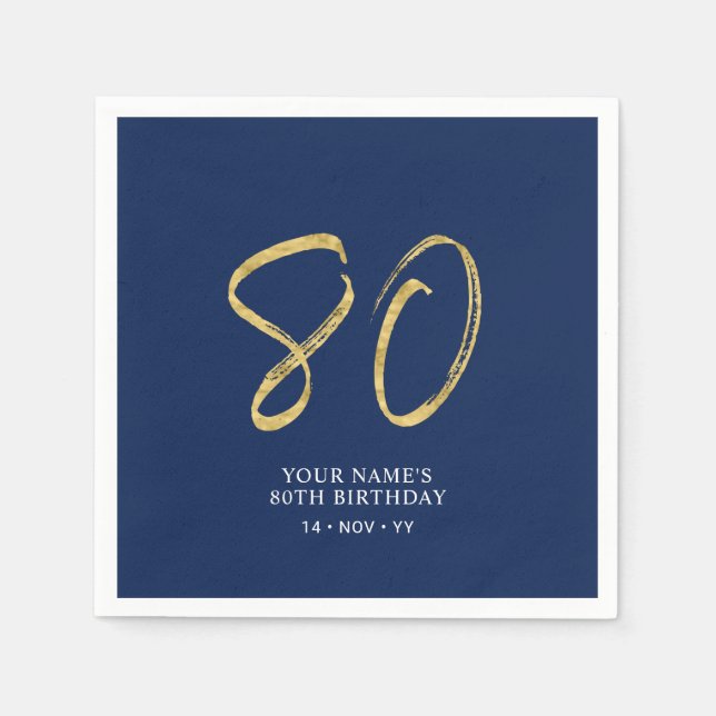 Eighty | Gold & Navy Blue Lettering 80th Birthday Napkins (Front)
